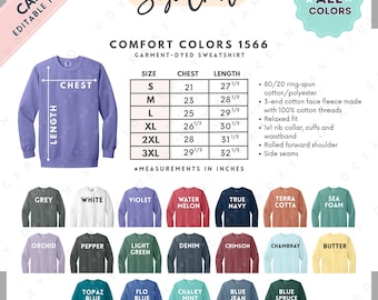 Comfort Colors 1566 Size + Color Chart | EDITABLE Canva Template | 1566 Garment-Dyed Sweatshirt | 1566 Size Chart | CANVA Editable Size