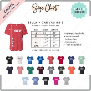 Tabla de tallas y colores Bella Canvas 8815 / Plantilla editable de Canva / Camiseta holgada con cuello en V para mujer 8815 / Tabla de tallas 8815 / Talla editable de CANVA