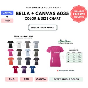 Bella Canvas 6035 Tabla de colores y tallas / Plantilla editable de Canva / Camiseta de cuello en V de jersey 6035 / Tabla de tallas 6035 / Tabla de colores editable en CANVA + PSD