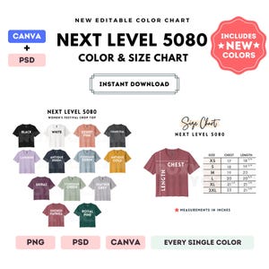 Next Level 5080 Farb- und Größentabelle | Bearbeitbare Canva-Vorlage | 5080 Festival Crop Top | 5080 Größentabelle | Bearbeitbare Farbtabelle (Canva + PSD)