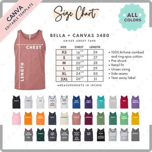 Tabla de tallas y colores Bella Canvas 3480 / Plantilla Canva EDITABLE / Camiseta sin mangas unisex 3480 / Tabla de tallas 3480 / Tabla de tallas editable CANVA
