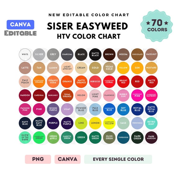 Siser EasyWeed Color Chart | EDITABLE Canva Template | EasyWeed Viny Color Chart | 70 Colors l HTV Vinyl Color Chart l CANVA Editable