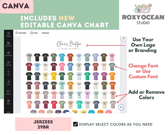 Jerzees 29BR Color + Size Chart | EDITABLE Canva Template | 29BR