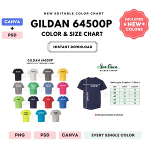 G645P Color + Size Chart | EDITABLE Canva Template | G645P Softstyle Toddler T-Shirt | G645P Size Chart | CANVA + PSD Editable Color Chart