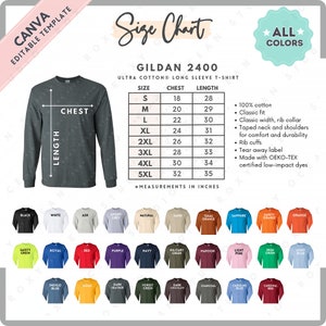 Gildan 2400 Größe + Farbkarte | EDITIERBARE Canva Vorlage | G240 Langarm T-Shirt | G240 Größentabelle | CANVA bearbeitbare Größentabelle