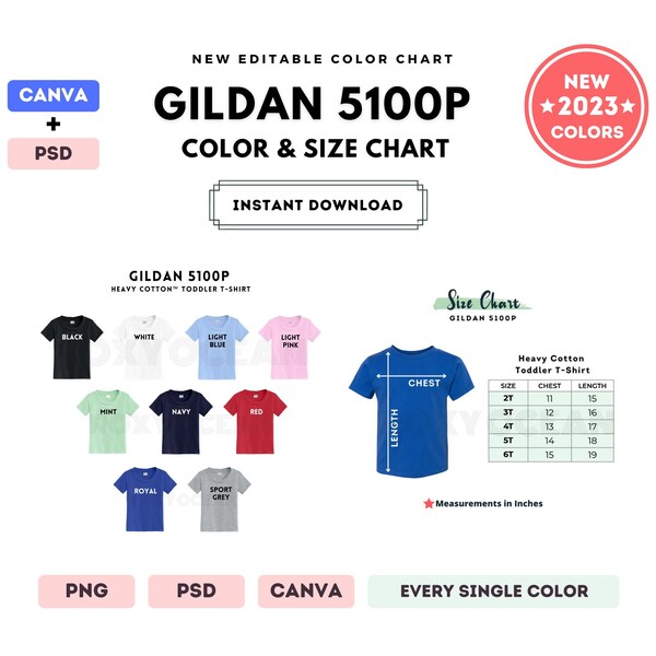 G510P Color + Size Chart | EDITABLE Canva Template | G510P Toddler T-Shirt | G510P Size Chart | CANVA + PSD Editable Color Chart