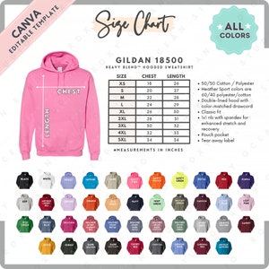 Gildan 18500 Größe + Farbkarte | EDITIERBARE Canva Vorlage | G185 Kapuzenpullover | G185 Größentabelle | CANVA bearbeitbare Größentabelle