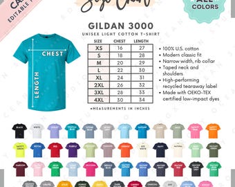 Tabela de Tamanhos e Cores da Camiseta Gildan 3000 | Modelo EDITÁVEL no Canva | Camiseta Unissex de Algodão Leve G300 | Tabela de Tamanhos G300 | Tabela de Tamanhos Editável no Canva