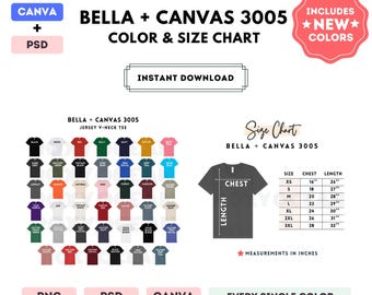 Bella Canvas 3005 Color + Size Chart | EDITABLE Canva Template | 3005 Jersey V-Neck Tee | 3005 Size Chart | CANVA + PSD Editable Color Chart