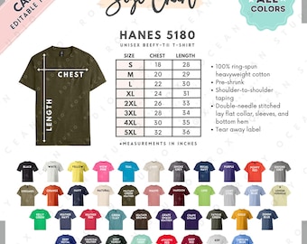 Tabela de Tamanhos e Cores da Camiseta Hanes 5180 | Modelo EDITÁVEL no Canva | Camiseta Unissex 5180 | Tabela de Tamanhos 5180 | Tabela de Tamanhos Editável no Canva