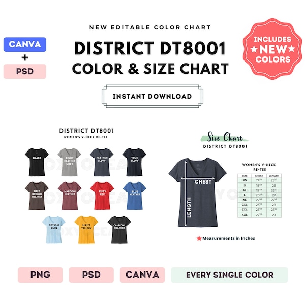 Tabla de colores y tallas District DT8001 / Plantilla editable de Canva / Camiseta con cuello en V para mujer DT8001 / Tabla de tallas DT8001 / Plantilla editable de Canva y PSD