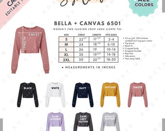 Tabela de Tamanhos e Cores Bella Canvas 6501 | Modelo Canva Editável | Camiseta Cropped de Manga Longa 6501 FWD Fashion | Tabela de Tamanhos 6501 | Modelo Canva Editável