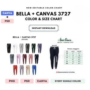 Bella Canvas 3727 Tabla de colores y tallas / Plantilla Canva editable / Joggers 3727 / Tabla de tallas 3727 / Tabla de colores editable en CANVA + PSD