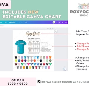 May include: A digital design template for a t-shirt size chart, featuring a teal t-shirt graphic and a size guide. The image includes a variety of t-shirt colors and the text "GILDAN 3000 / G300". The design is editable in Canva.