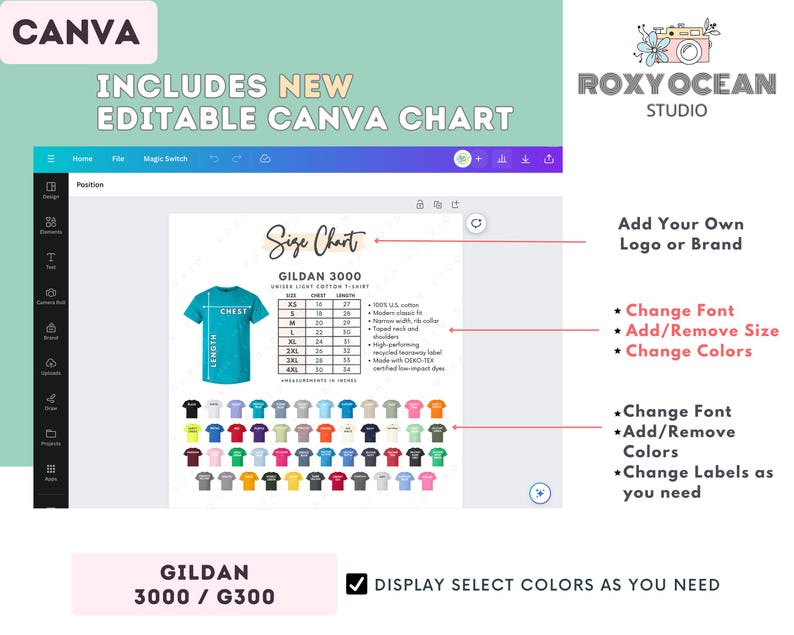 May include: A digital design template for a t-shirt size chart, featuring a teal t-shirt graphic and a size guide. The image includes a variety of t-shirt colors and the text "GILDAN 3000 / G300". The design is editable in Canva.