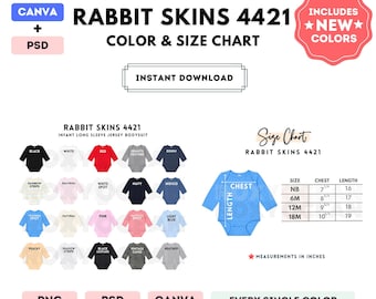 Rabbit Skins 4421 Color + Size Chart | EDITABLE Canva Template | 4421 Infant Long Sleeve Bodysuit | 4421 Size Chart | CANVA + PSD Editable