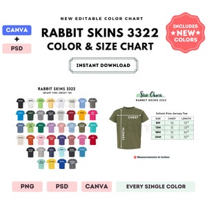 Rabbit Skins 3322 Color + Size Chart | EDITABLE Canva Template | 3322 Infant Jersey Tee | 3322 Size Chart | CANVA + PSD Editable Template