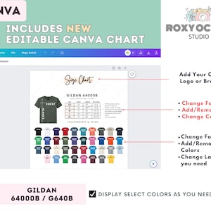 May include: A digital design template for a Gildan 64000B t-shirt, featuring a size chart with measurements in inches and a color selection guide. The design includes the text "Includes New Editable Canva Chart."