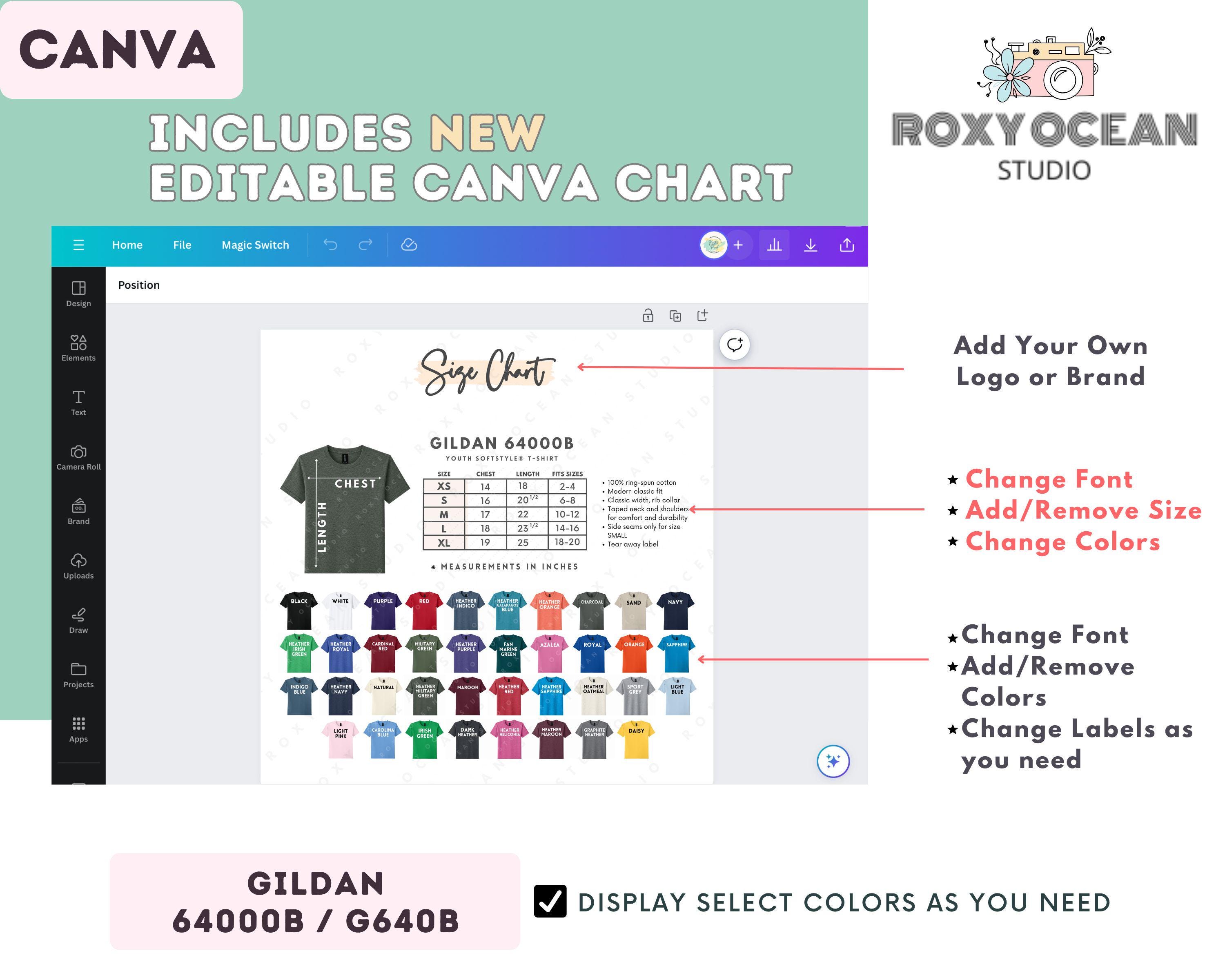 Gildan 64000B Size + Color Chart | EDITABLE Canva Template | G640B ...