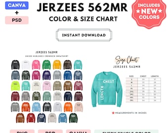 Jerzees 562MR Color + Size Chart | EDITABLE Canva Template | 562MR Crewneck Sweatshirt | 562MR Size Chart | CANVA + PSD Editable Color Chart