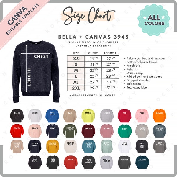 Bella Canvas 3945 Size + Color Chart | EDITABLE Canva Template | 3945 Crewneck Sweatshirt | 3901 Size Chart | CANVA Editable Size