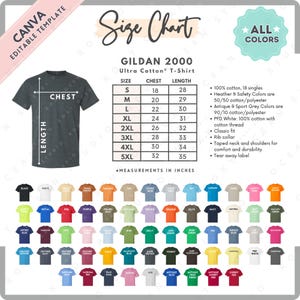 Puede incluir: Tabla de tallas para camisetas Gildan 2000 Ultra Cotton. La tabla muestra las medidas de pecho y largo en pulgadas para las tallas S a 5XL. La tabla también incluye información sobre la composición de la tela y el ajuste de las camisetas.
