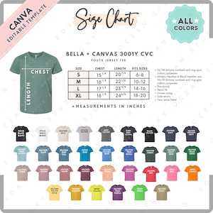 Tabla de tallas y colores CVC Bella Canvas 3001Y / Plantilla Canva EDITABLE / Camiseta juvenil 3001Y / Tabla de tallas 3001Y / Tabla de tallas editable CANVA
