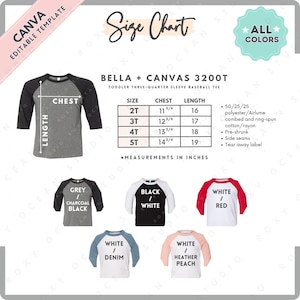 Tabla de tallas y colores Bella Canvas 3200T / Plantilla Canva EDITABLE / Camiseta de béisbol para niños pequeños 3200T / Tabla de tallas 3200T / Tabla de tallas editable CANVA