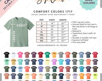 Comfort Colors 1717 Size + Color Chart | EDITABLE Canva Template | 1717 Heavyweight T-Shirt | 1717 Size Chart | CANVA Editable Size Chart