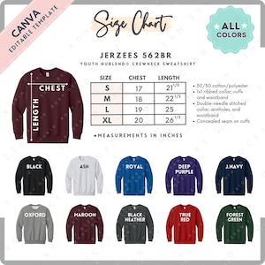 Jerzees 562BR Size + Color Chart | EDITABLE Canva Template | 562BR Youth Crewneck Sweatshirt | 562BR Size Chart | CANVA Editable Size Chart