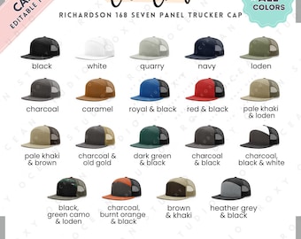 Tabela de Cores Richardson 168 | Modelo Canva EDITÁVEL | Tabela de Cores do Boné Trucker de 7 Painéis Richardson | Cores do Boné Trucker de 7 Painéis Richardson