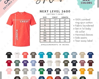 nächstes Level 3600 Größe + Farbtabelle | EDITIERBARE Canva Vorlage | 3600 Baumwoll T-Shirt | 3600 Größentabelle | CANVA bearbeitbare Größentabelle