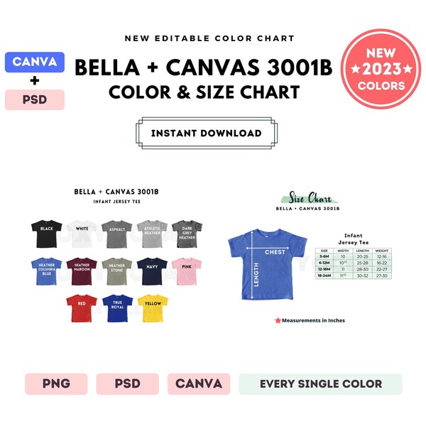 Bella Canvas 3001B Color + Size Chart | EDITABLE Canva Template | 3001B Infant Jersey Tee | 3001B Size Chart | CANVA + PSD Editable Template