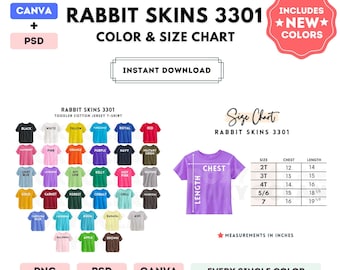 Rabbit Skins 3301 Color + Size Chart | EDITABLE Canva Template | 3301 Toddler Cotton Jersey T-Shirt | 3301 Size Chart | CANVA + PSD Editable