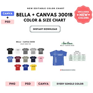 Bella Canvas 3001B Tabla de colores y tallas / Plantilla editable de Canva / Camiseta de jersey para bebé 3001B / Tabla de tallas 3001B / Plantilla editable de CANVA + PSD