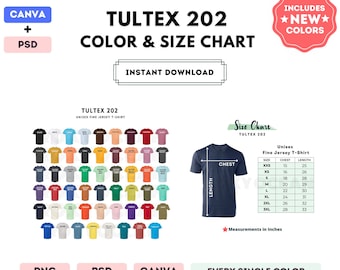 Tabla de colores y tallas Tultex 202 / Plantilla Canva editable / Camiseta unisex de jersey fino 202 / Tabla de tallas 202 / Tabla de colores editable en CANVA y PSD