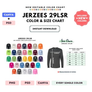 Jerzees 29LSR Tabla de colores y tallas / Plantilla editable de Canva / Camiseta de manga larga 29LSR / Tabla de tallas 29LSR / Plantilla editable de Canva y PSD