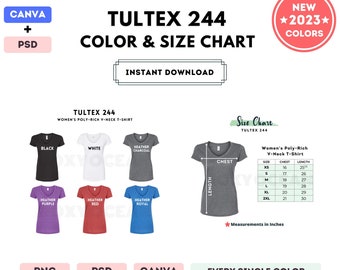 Tultex 244 Color + Size Chart | EDITABLE Canva Template | 244 Women's Poly-Rich V-Neck T-Shirt | 244 Size Chart | CANVA + PSD Editable