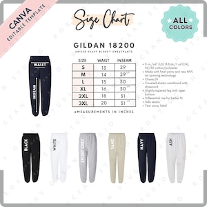 Puede incluir: Tabla de tallas para pantalones de chándal unisex. Las medidas de cintura y entrepierna están en pulgadas. Tallas de la S a la 3XL. Los colores mostrados son negro, blanco, gris deportivo, arena, azul marino y ceniza.