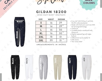 Tabela de Tamanhos e Cores Gildan 18200 | Modelo EDITÁVEL no Canva | Calça de Moletom Unissex G182 em Tecido Pesado | Tabela de Tamanhos G182 | Tabela de Tamanhos Editável no Canva