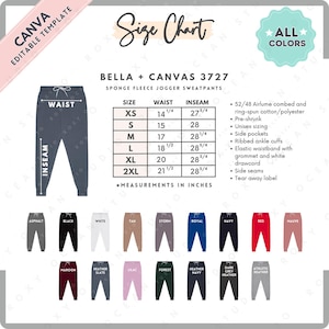 Tabla de tallas y colores Bella Canvas 3727 / Plantilla Canva EDITABLE / Pantalones deportivos de polar esponjoso 3727 / Tabla de tallas 3727 / Plantilla CANVA editable