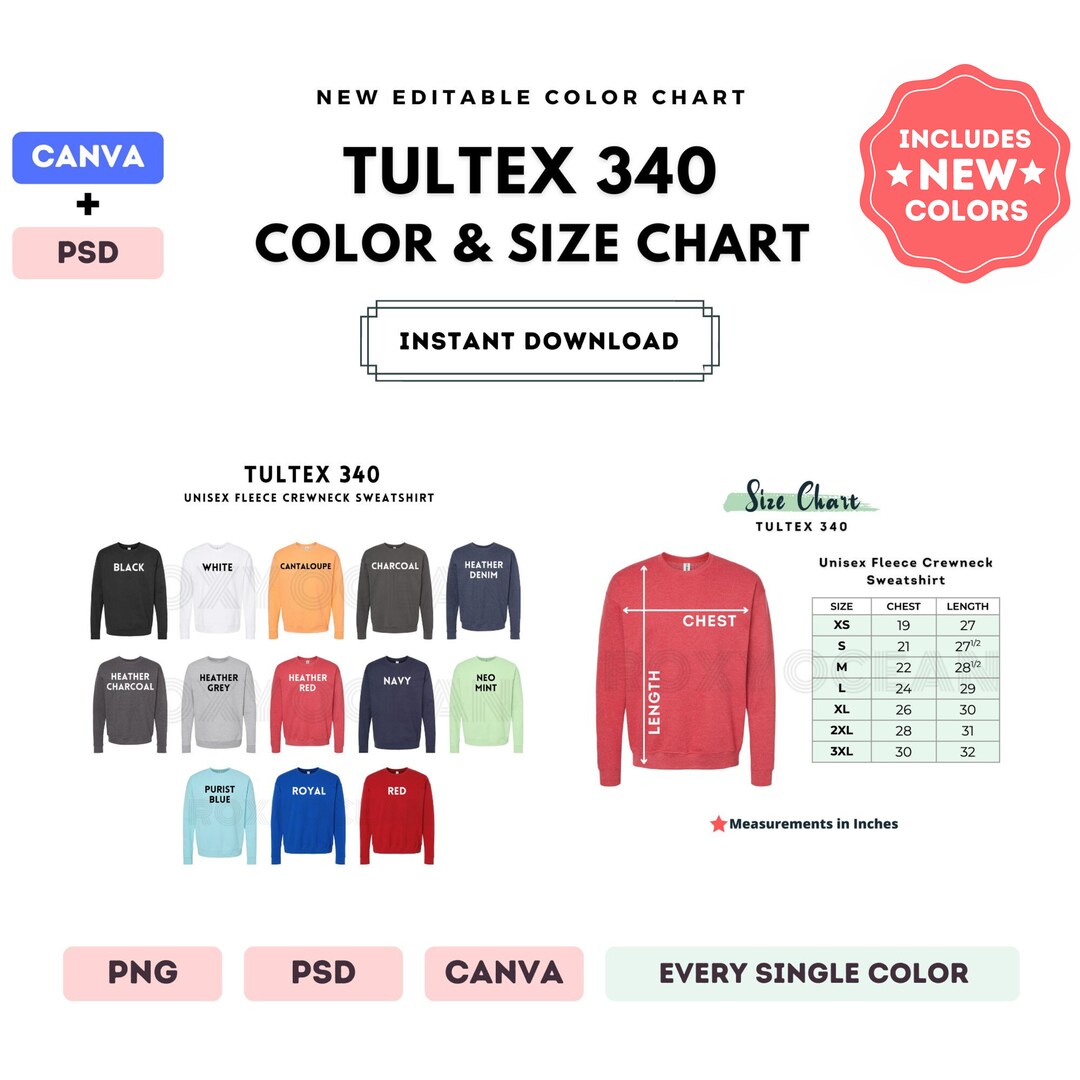 Tultex 340 Color + Size Chart | EDITABLE Canva Template | 340 Unisex ...