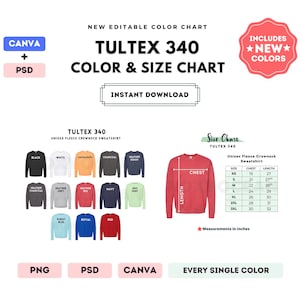 Tultex 340 Color + Size Chart | EDITABLE Canva Template | 340 Unisex Crewneck Sweatshirt | 340 Size Chart | CANVA + PSD Editable Color Chart