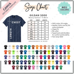 May include: A navy blue Gildan 5000 Heavy Cotton T-shirt with a size chart. The chart lists chest and length measurements in inches for sizes S to 5XL. The image also shows a variety of available colors.