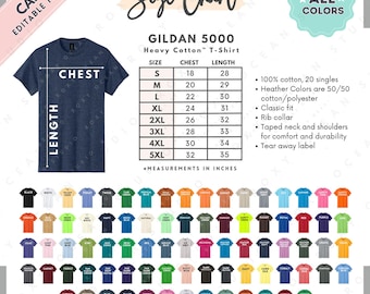 Gildan 5000 Size + Color Chart | EDITABLE Canva Template | G500 Heavy Cotton T-Shirt | G500 Size Chart | CANVA Editable Size Chart
