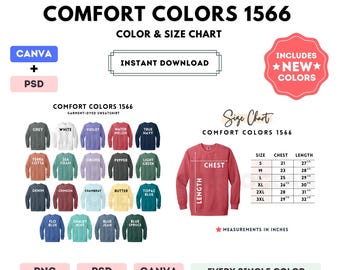 Comfort Colors 1566 Farbe + Größentabelle | EDITIERBARE Canva Vorlage | 1566 Garment-Dyed Sweatshirt | 1566 Größentabelle | CANVA + PSD Bearbeitbar