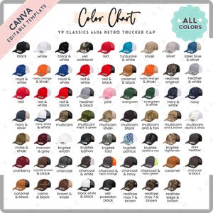 Könnte beinhalten: Farbkarte der YP Classics 6606 Retro Trucker Caps in verschiedenen Farben, darunter Schwarz, Weiß, Rot und Camouflage-Muster. Das Bild zeigt eine Übersicht von Mützen mit Farbbezeichnungen, ideal zur Auswahl einer Kappe.
