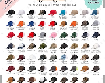Tabela de cores do boné YP Classics 6606 | Modelo Canva editável | Tabela de cores do boné trucker retrô YP Classics | Yupoong 6606 | Boné trucker Yupoong