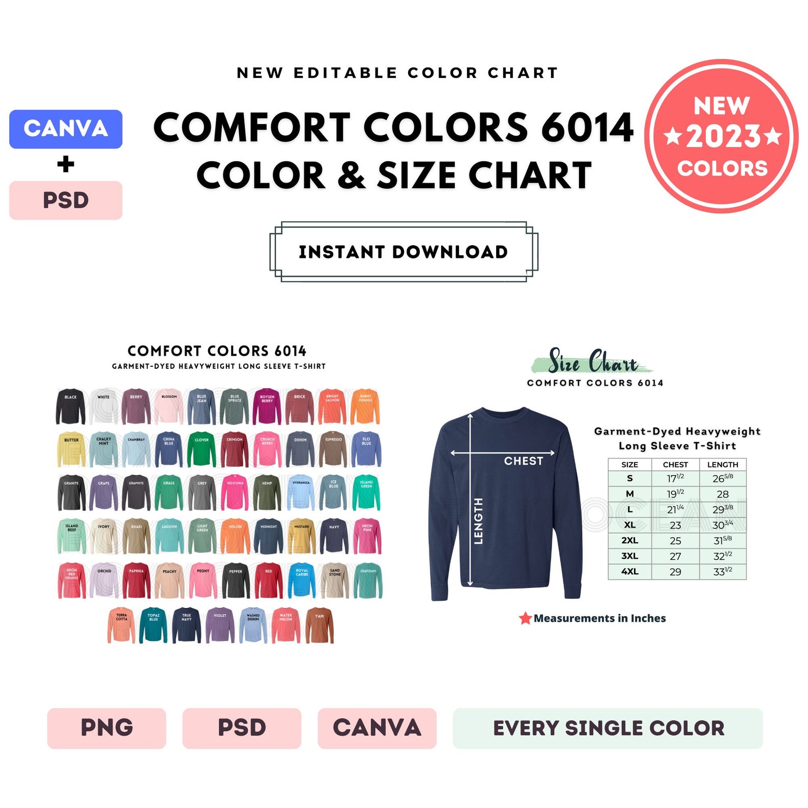 Color/size Layout Comfort Colors 6014 Color Size Chart EDITABLE Canva Template 6014 Long ...