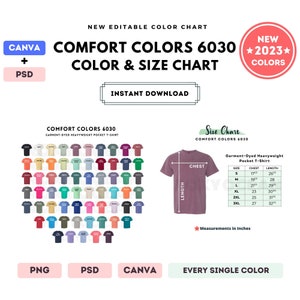 Comfort Colors 6030 Color + Size Chart | EDITABLE Canva Template | 6030 Heavyweight Pocket T-Shirt | 6030 Size Chart | CANVA + PSD Editable